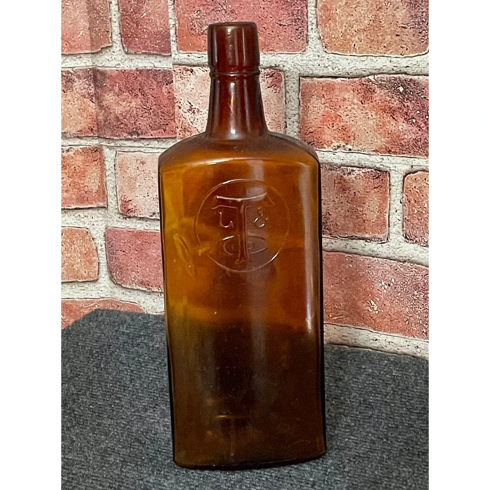 Antique Amber Glass Bottle Patented 1902 TS Monogram Embossed Apothecary Brown